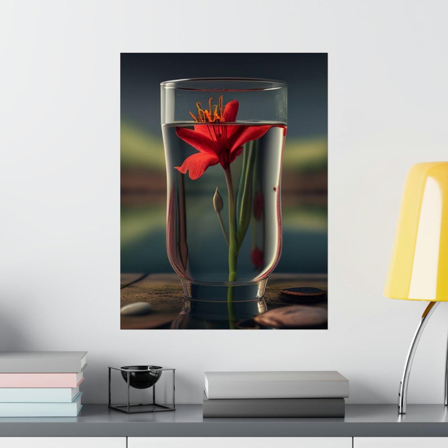 Premium Matte Vertical Posters Red Lily in a Glass vase 1