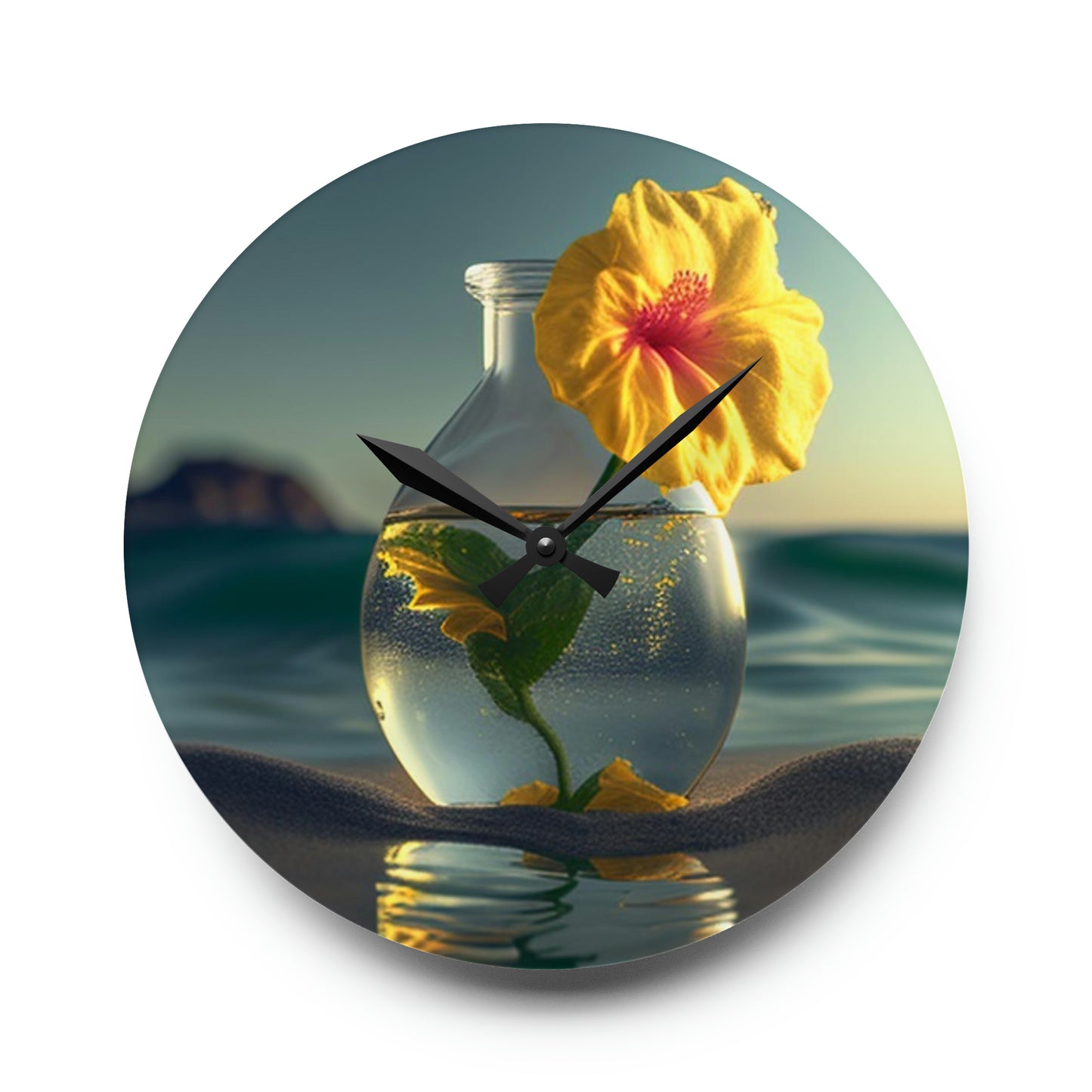 Acrylic Wall Clock Yellow Hibiscus glass 2