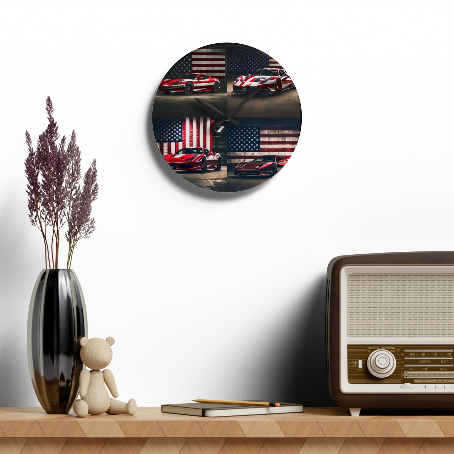 Acrylic Wall Clock American Flag Background Ferrari 5