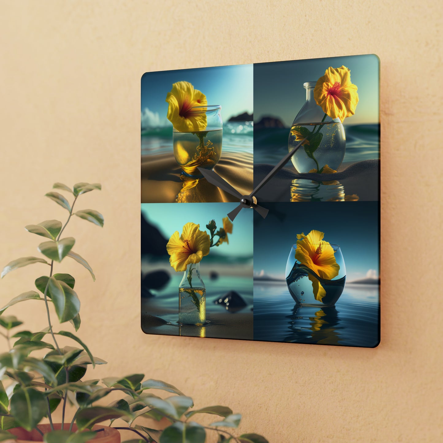 Acrylic Wall Clock Yellow Hibiscus glass 5