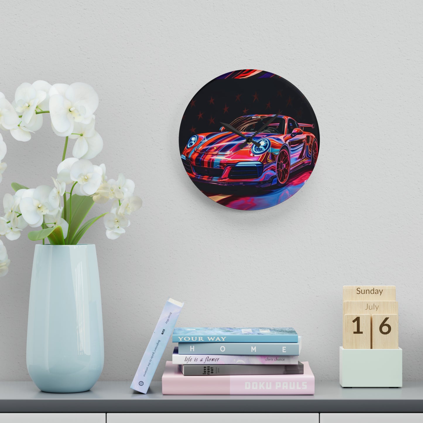 Acrylic Wall Clock American Flag Colored Porsche 4