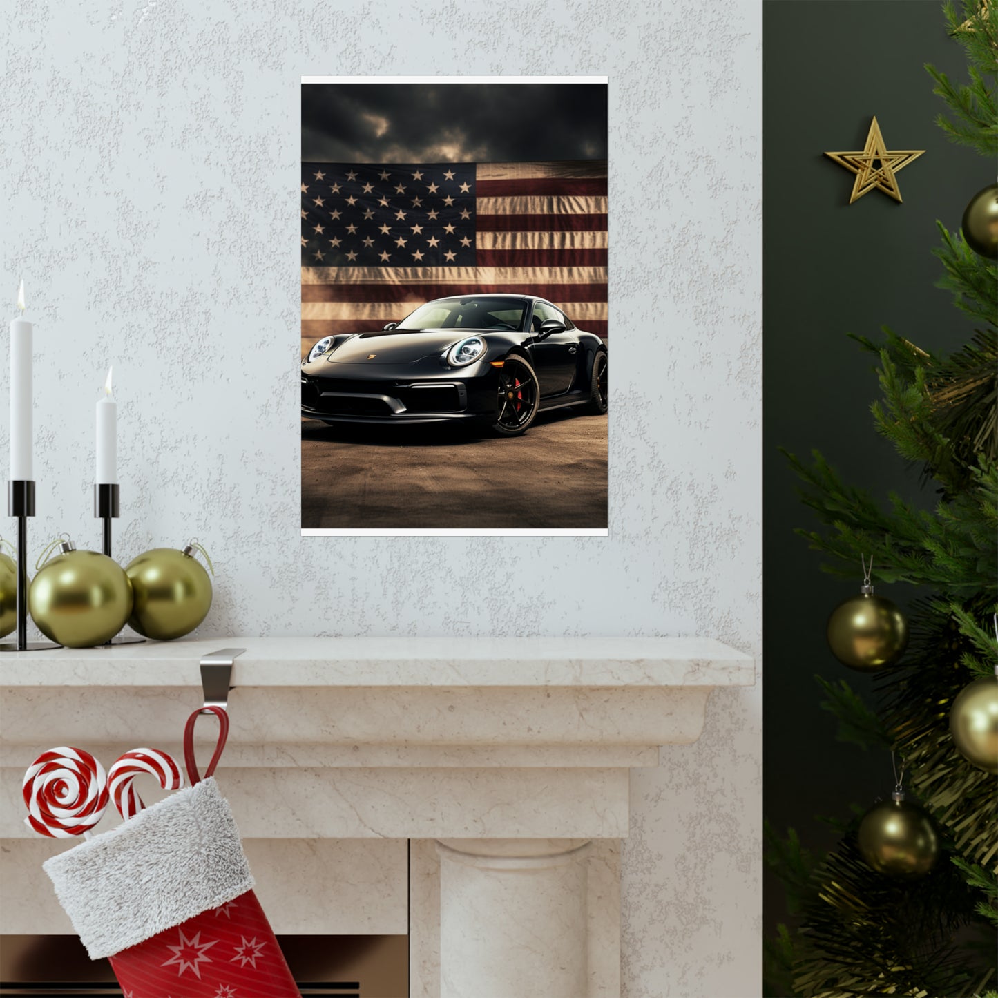 Premium Matte Vertical Posters American Flag Background Porsche 4