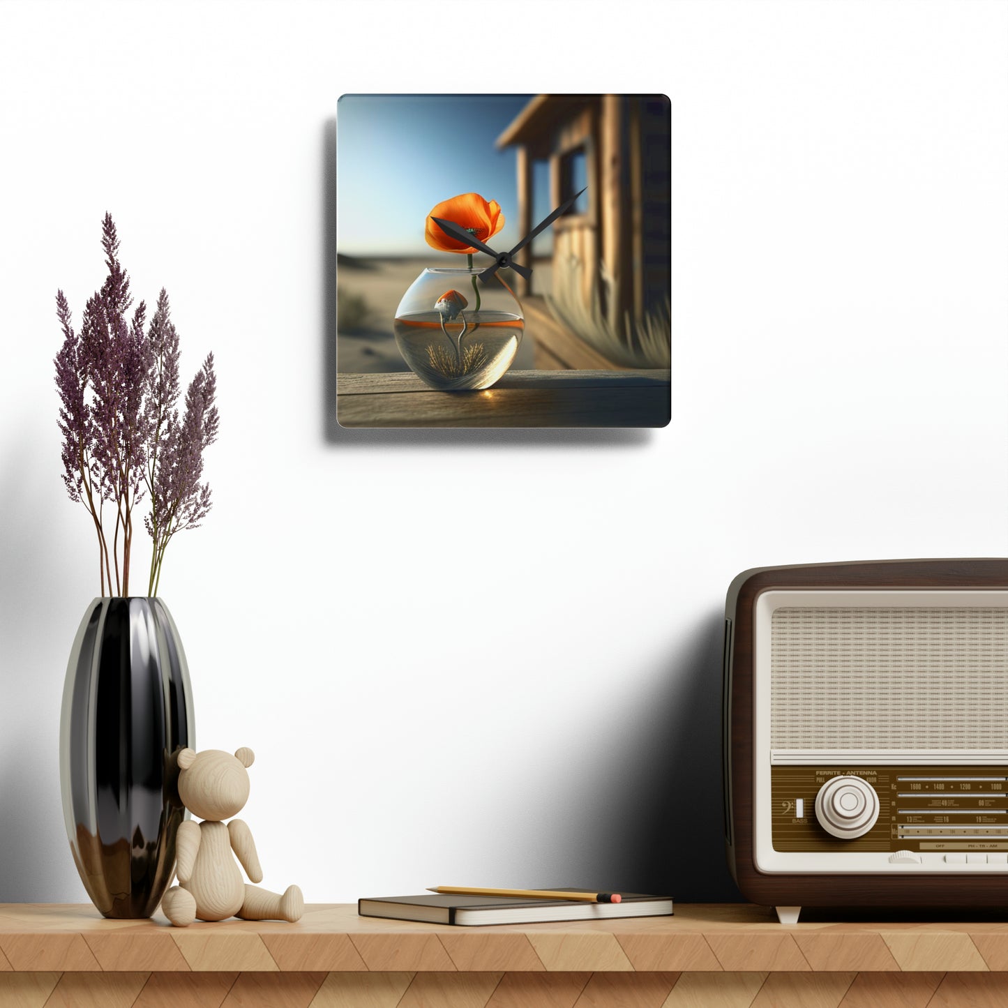 Acrylic Wall Clock Orange Poppy in a Vase 1