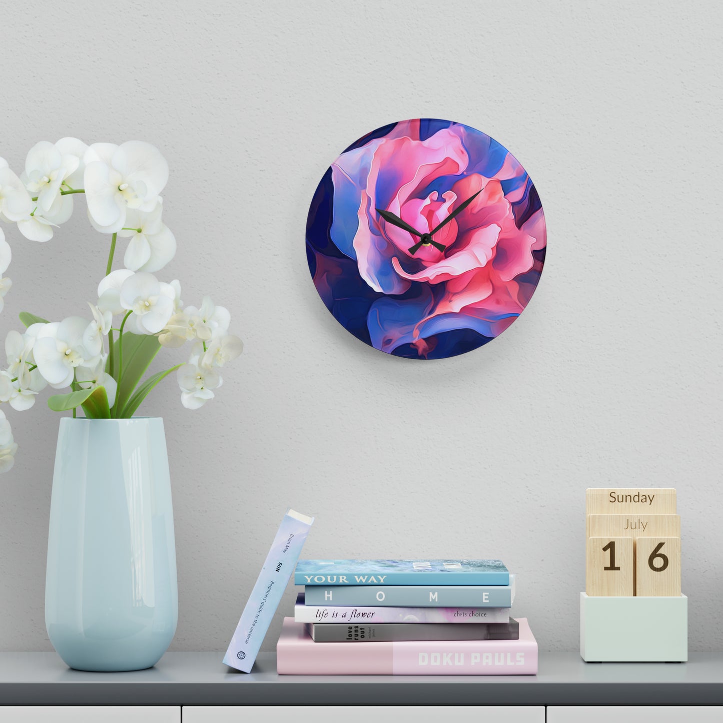 Acrylic Wall Clock Pink & Blue Tulip Rose 1