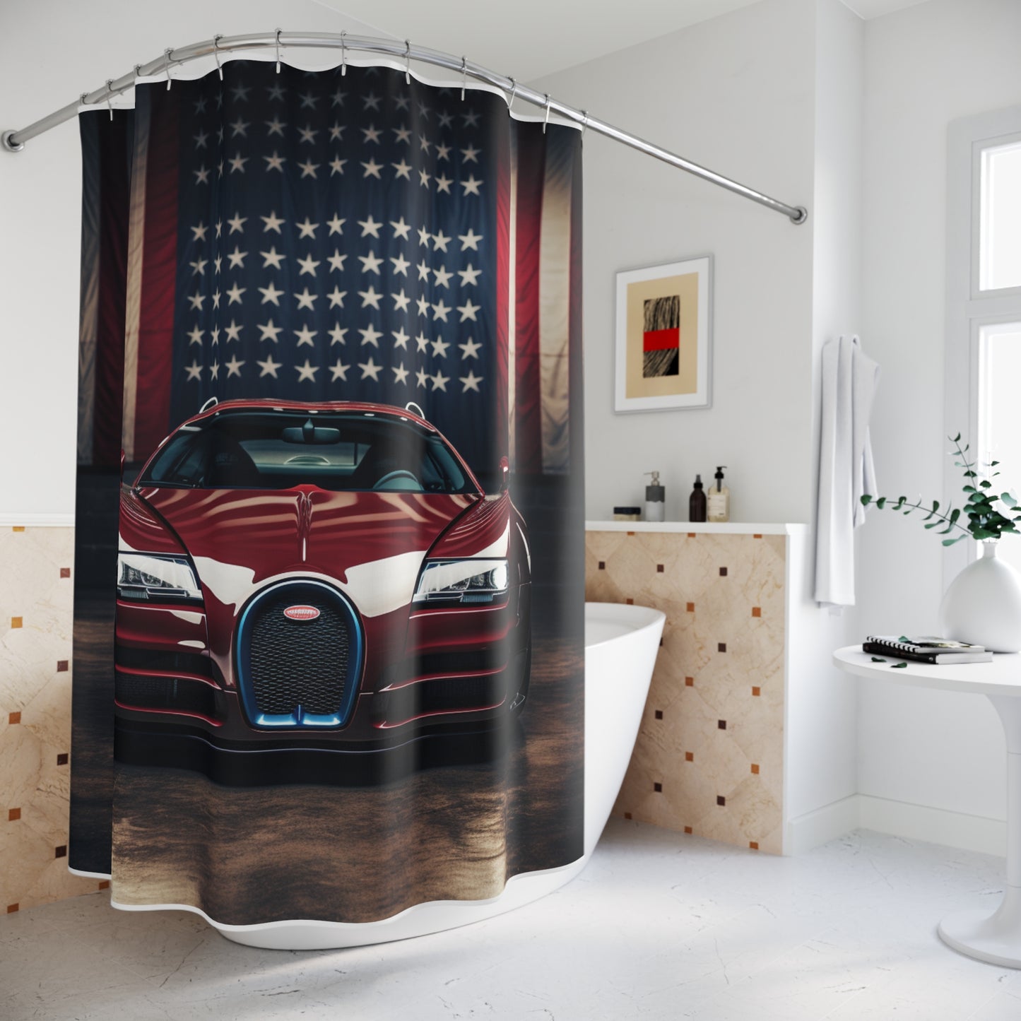Polyester Shower Curtain American Flag Background Bugatti 1