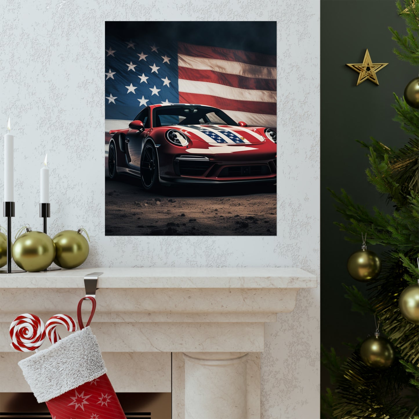 Premium Matte Vertical Posters American Flag Background Porsche 3