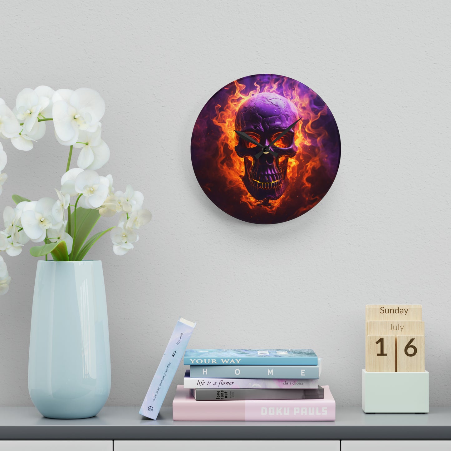 Acrylic Wall Clock Skull Flames 3