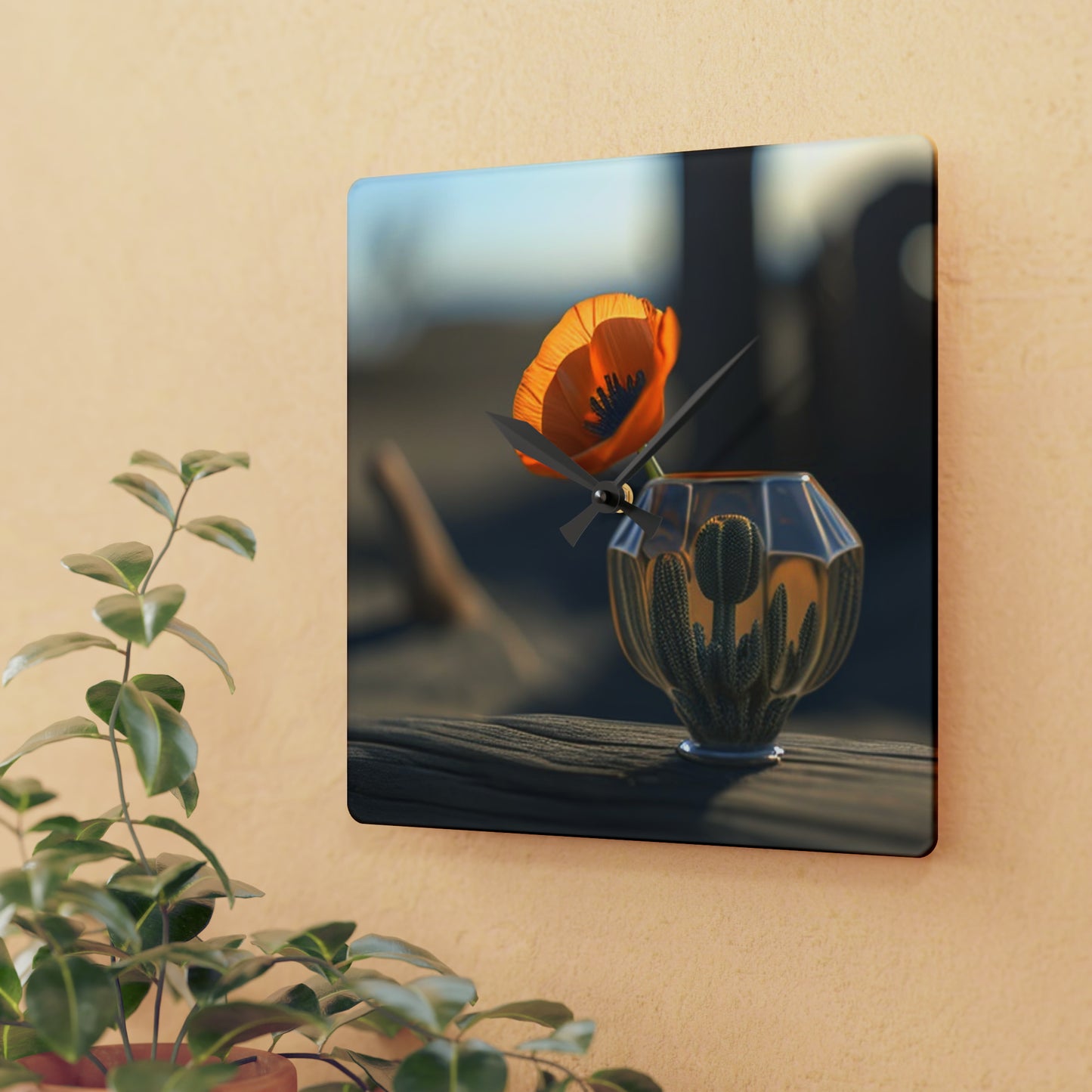 Acrylic Wall Clock Orange Poppy in a Vase 2