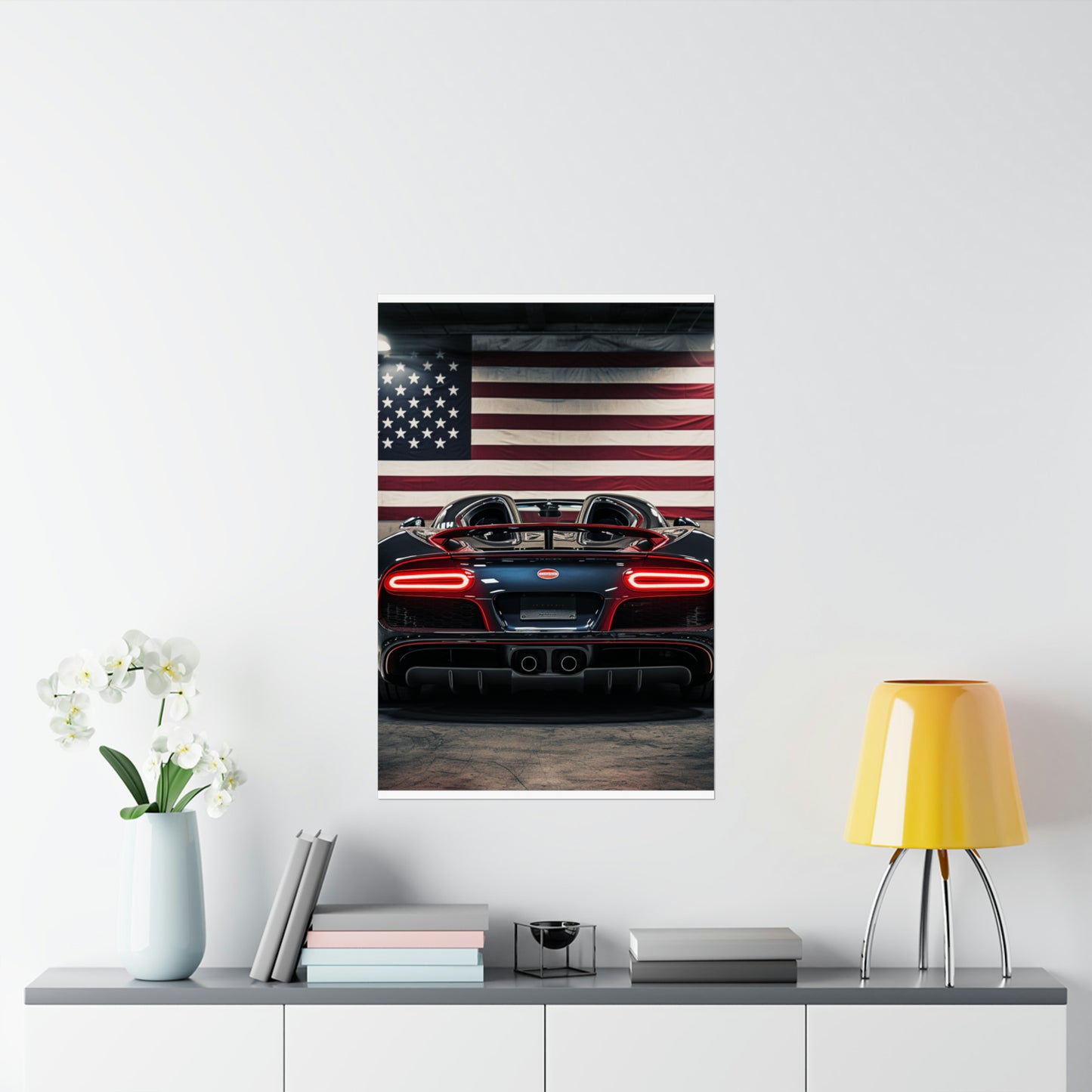 Premium Matte Vertical Posters American Flag Background Bugatti 4