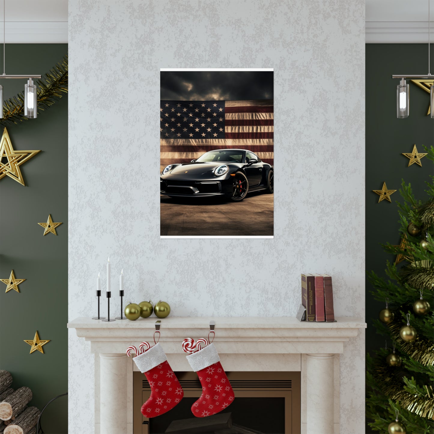 Premium Matte Vertical Posters American Flag Background Porsche 4
