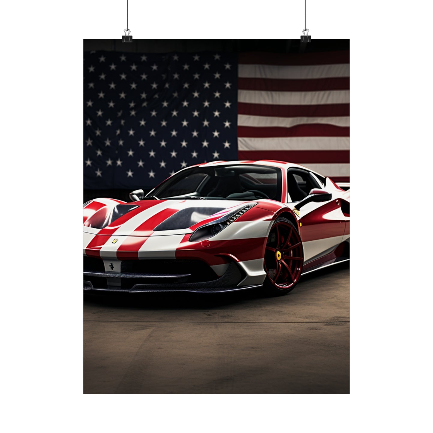 Premium Matte Vertical Posters American Flag Background Ferrari 2