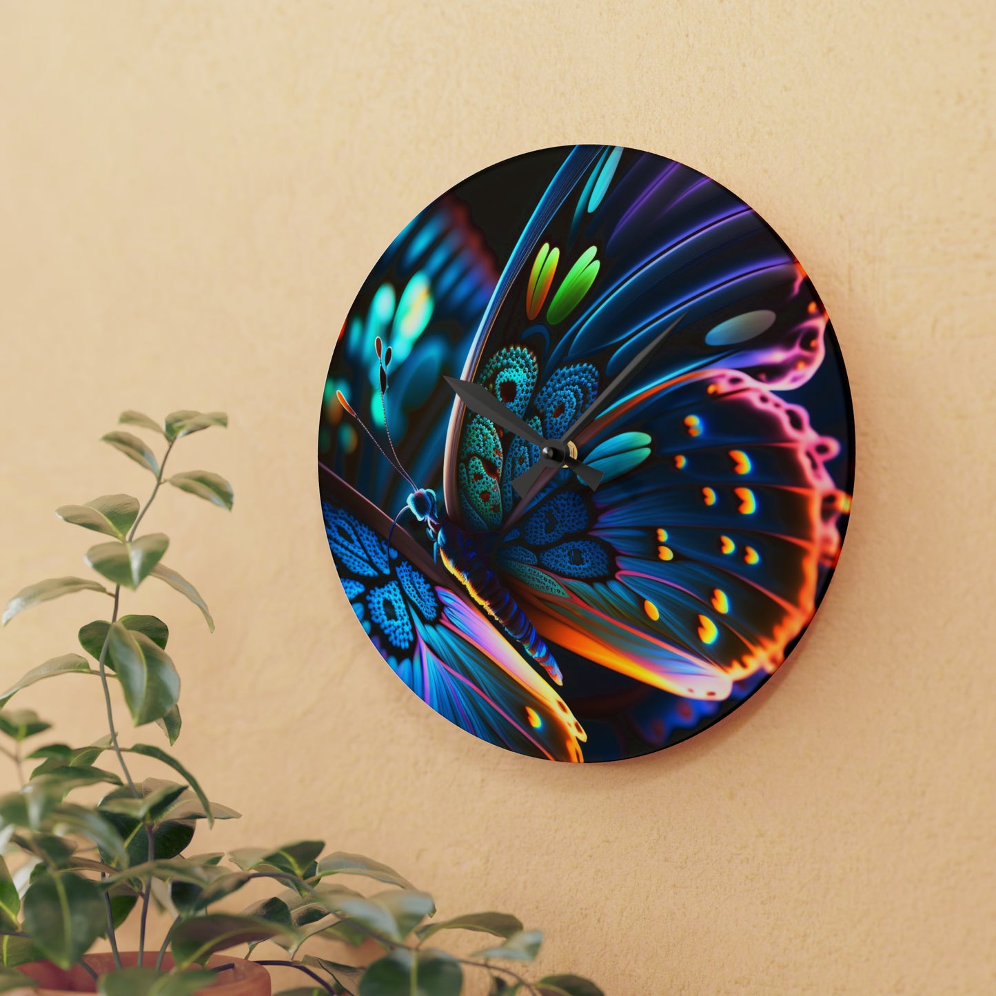 Acrylic Wall Clock Neon Butterfly Macro 2