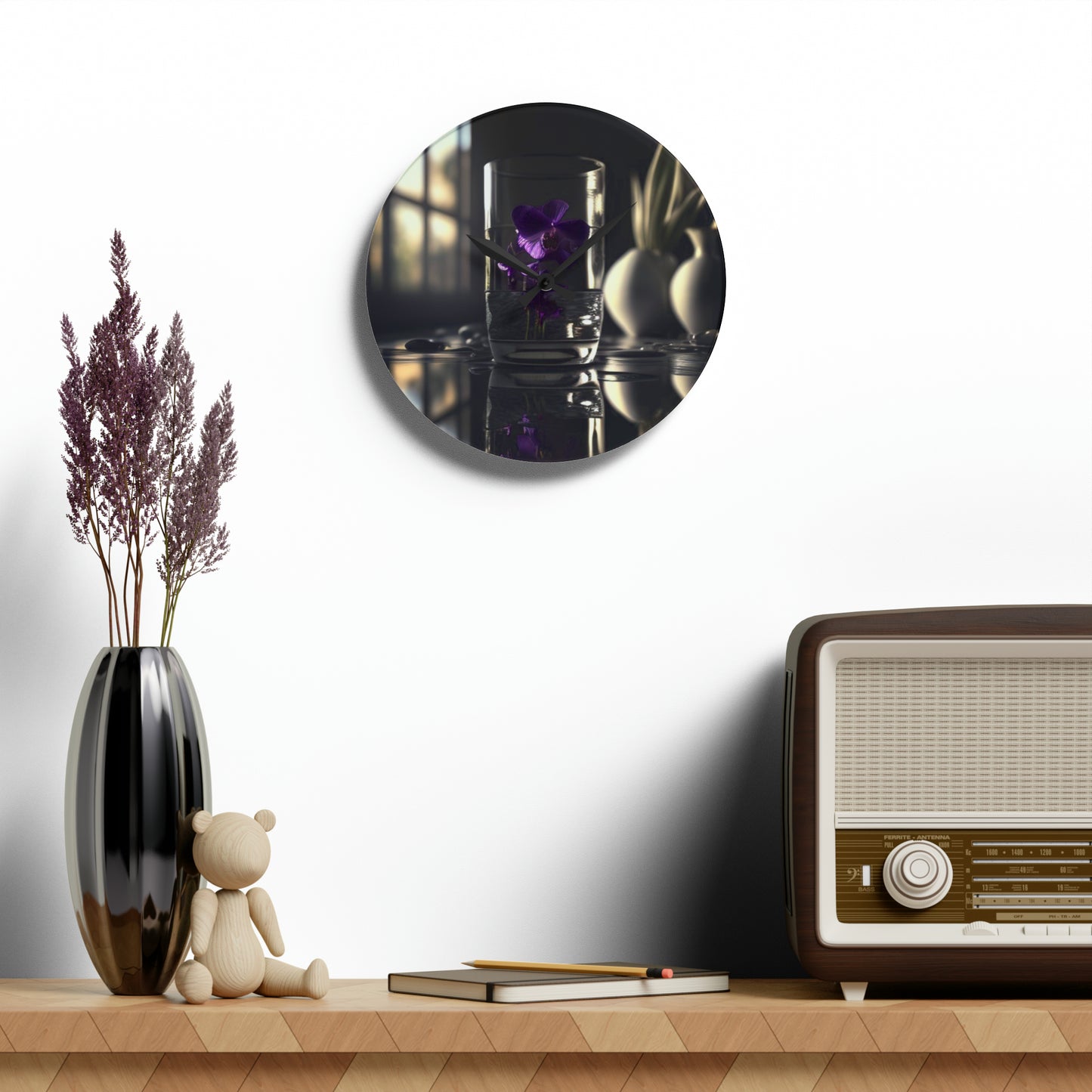 Acrylic Wall Clock Purple Orchid Glass vase 4