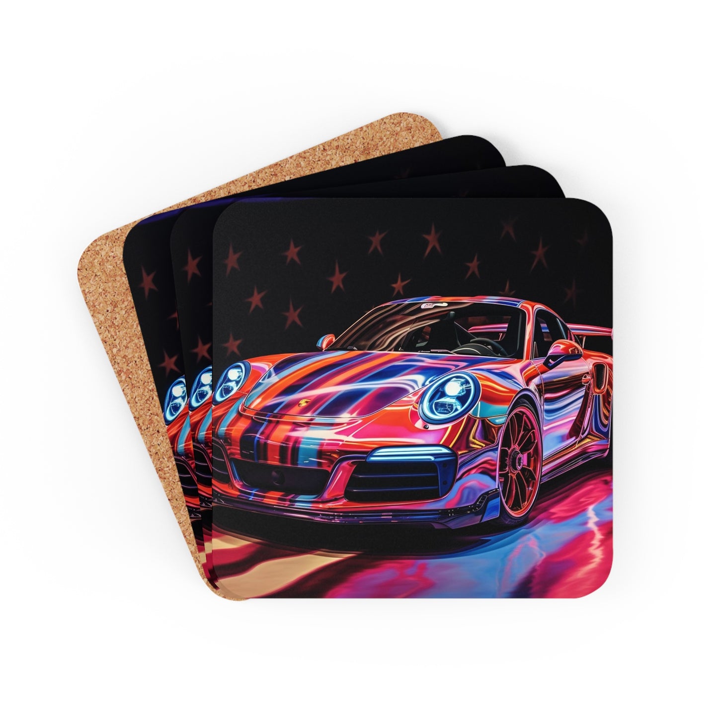 Corkwood Coaster Set American Flag Colored Porsche 3