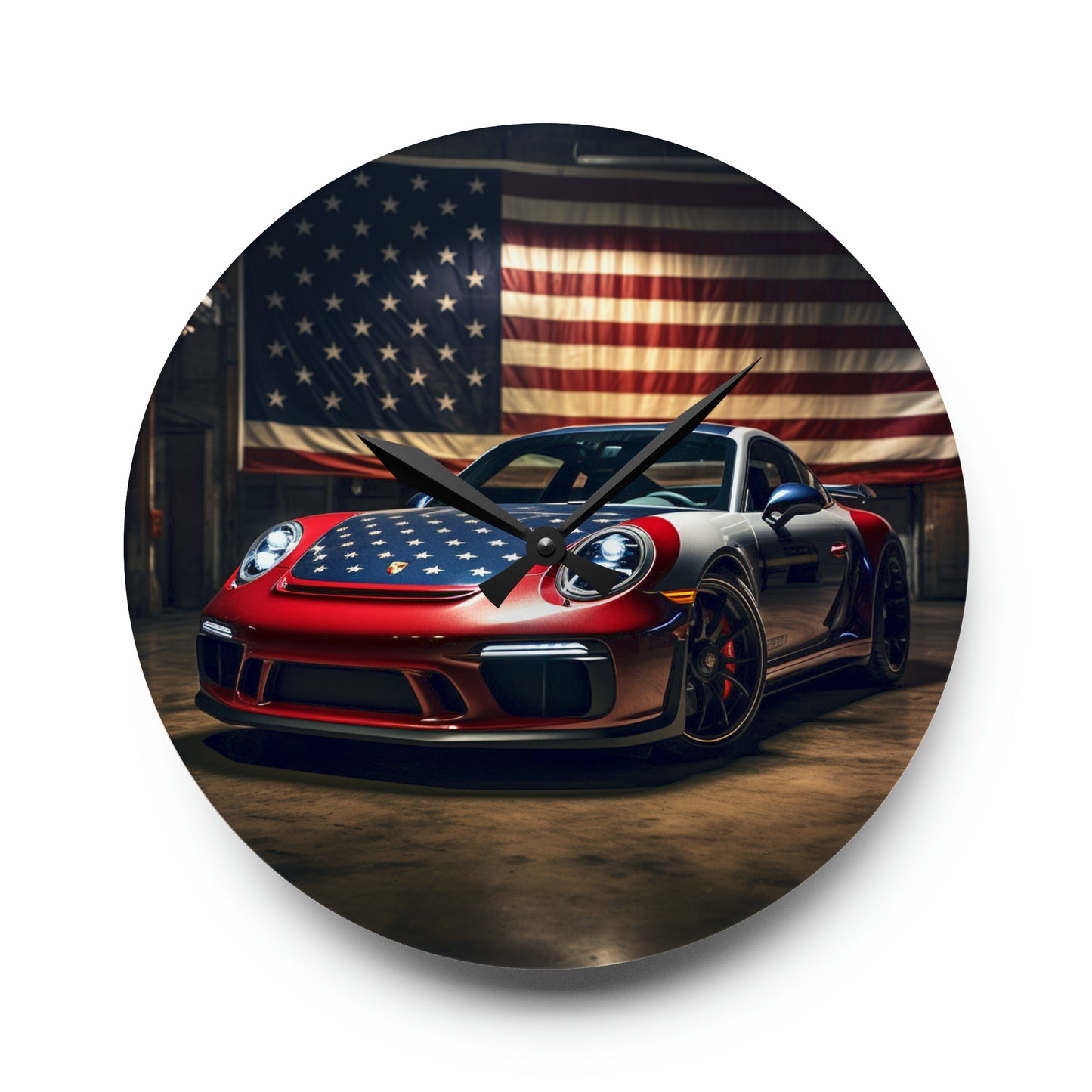 Acrylic Wall Clock American Flag Background Porsche 1