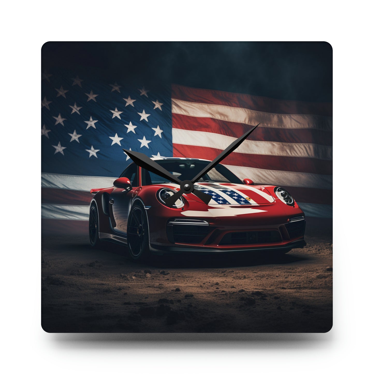 Acrylic Wall Clock American Flag Background Porsche 3