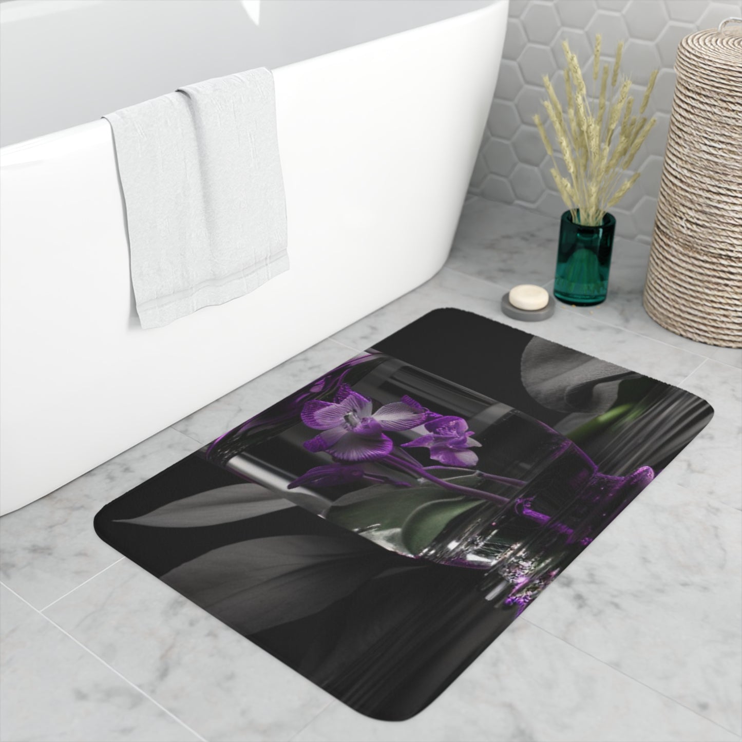 Memory Foam Bath Mat Purple Orchid Glass vase 1