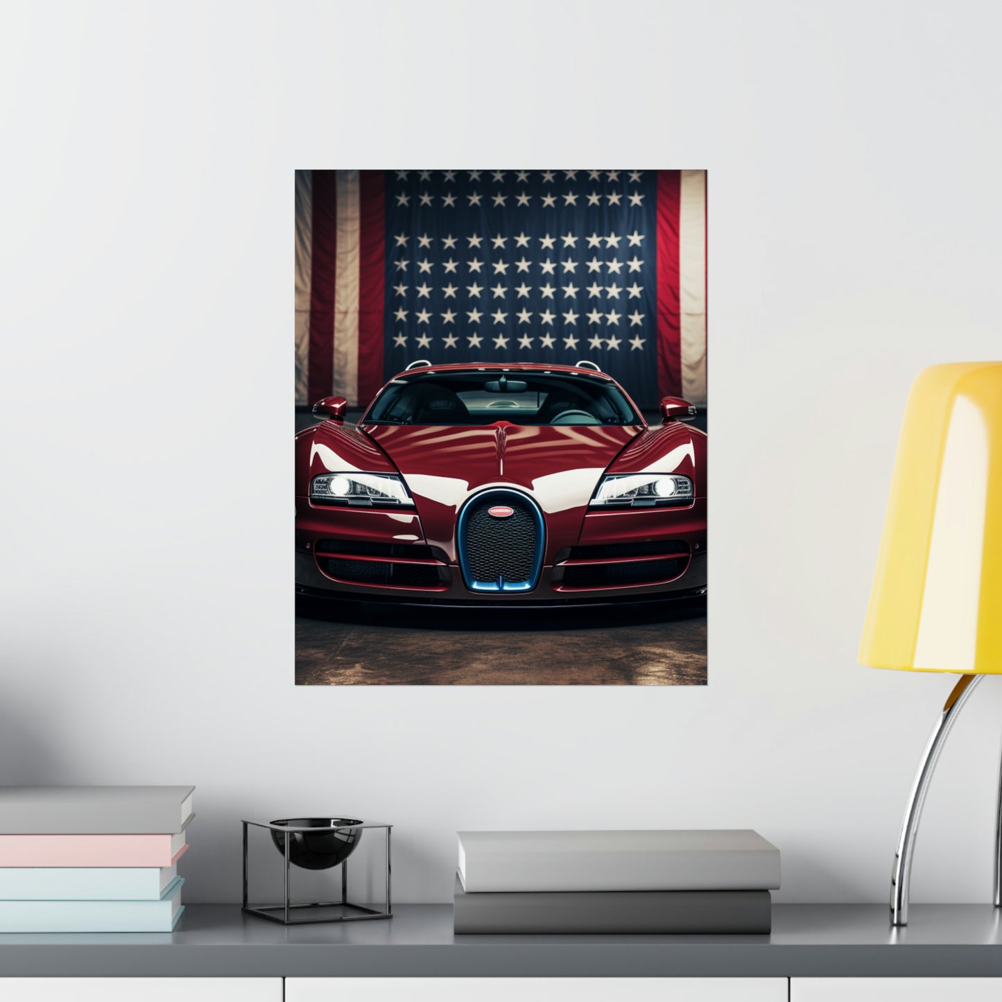 Premium Matte Vertical Posters American Flag Background Bugatti 1