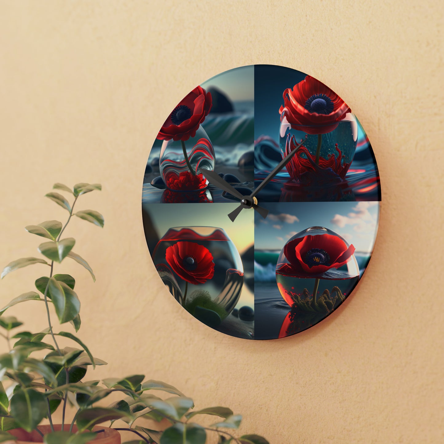 Acrylic Wall Clock Red Anemone in a Vase 5