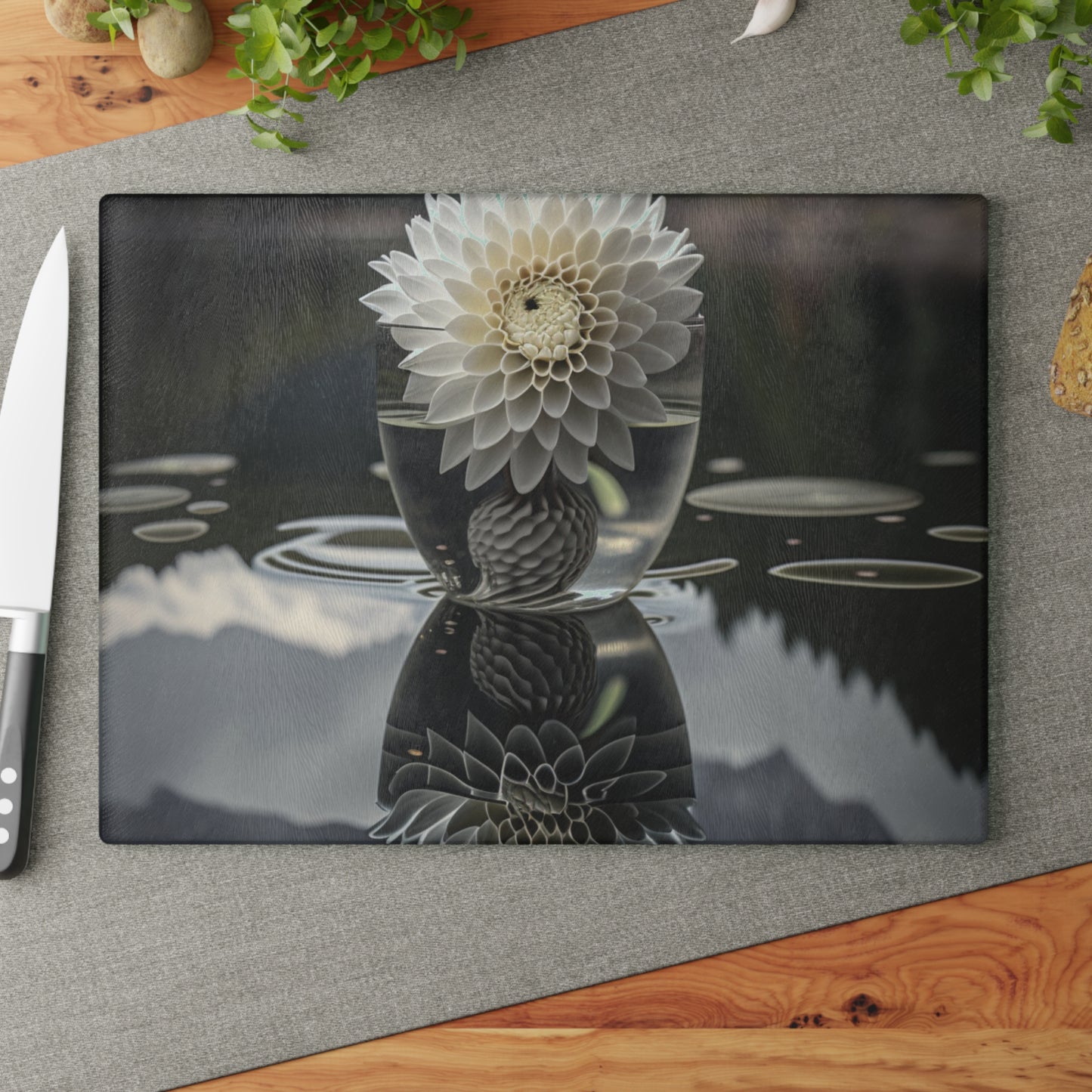 Glass Cutting Board White Dahlia 3