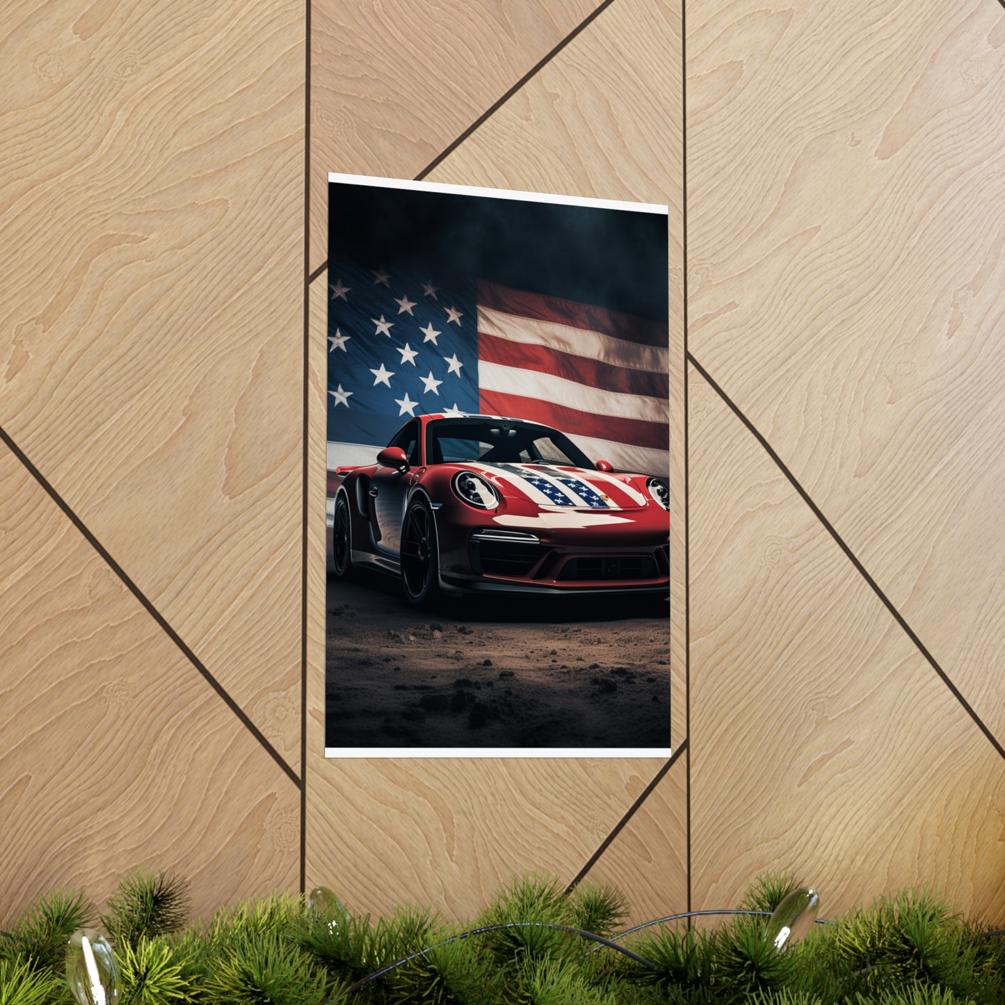 Premium Matte Vertical Posters American Flag Background Porsche 3