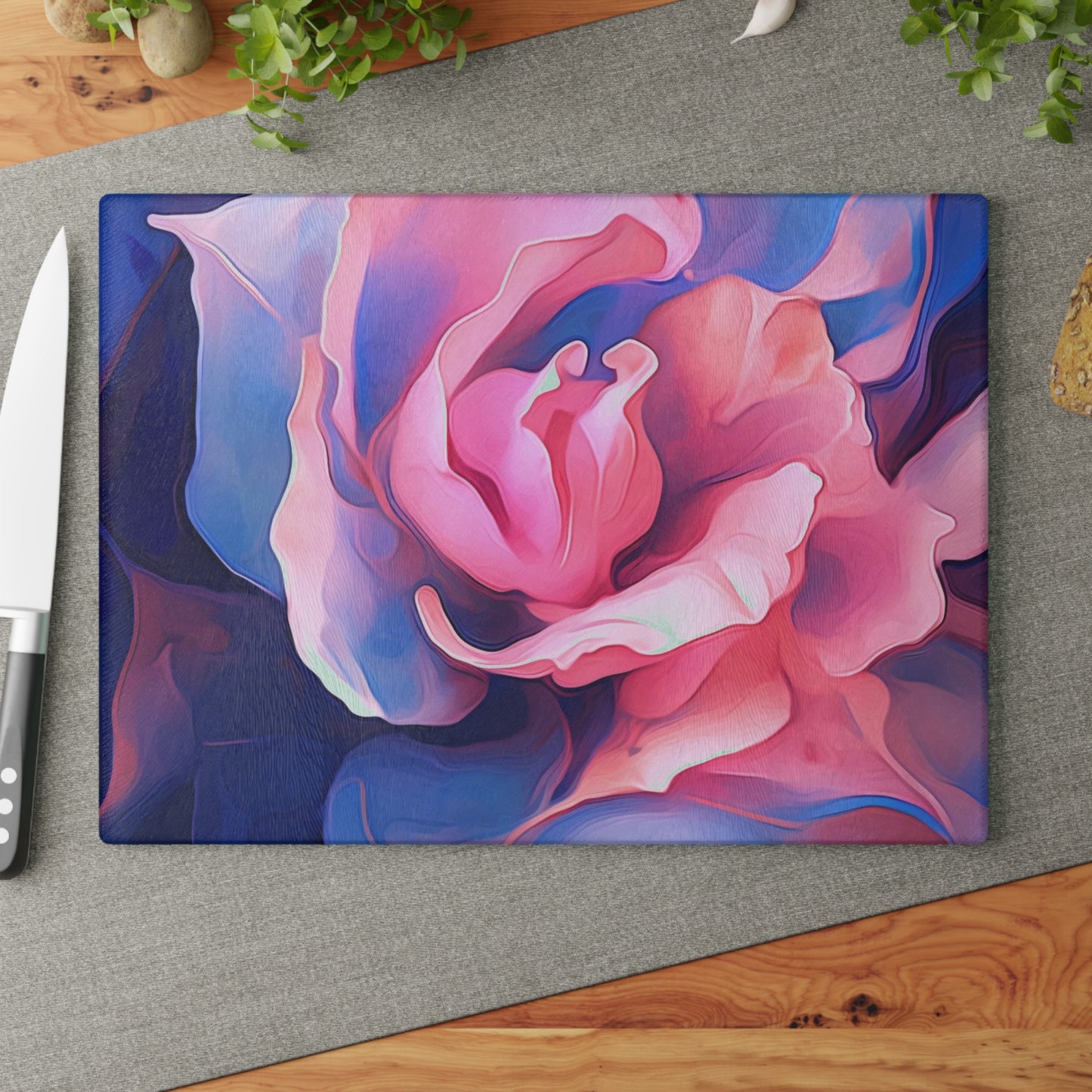 Glass Cutting Board Pink & Blue Tulip Rose 1