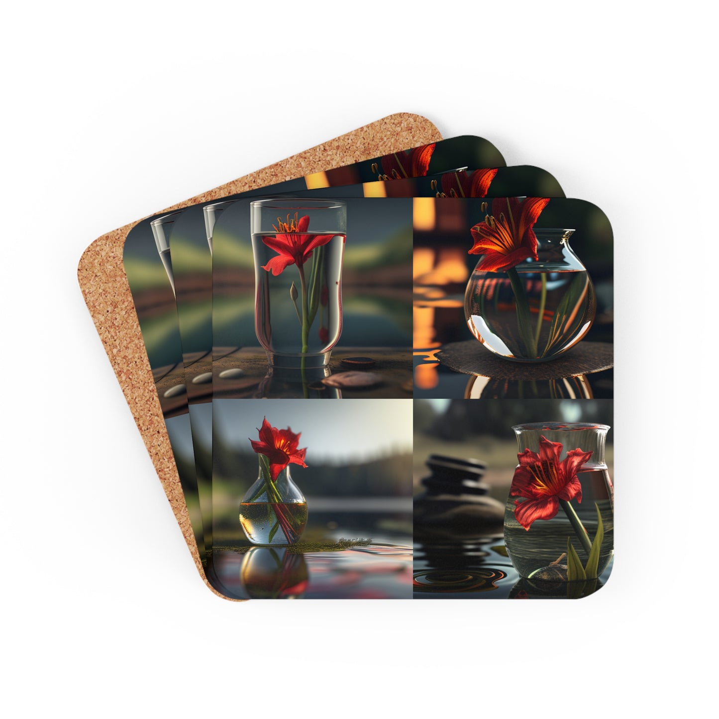 Corkwood Coaster Set Red Lily in a Glass vase 5