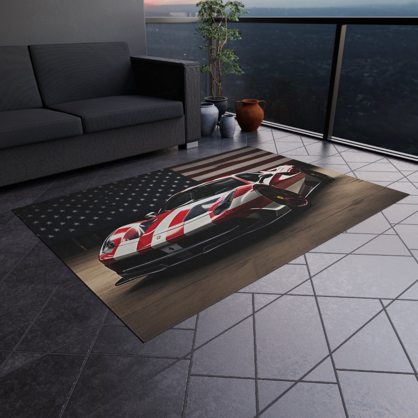 Outdoor Rug  American Flag Background Ferrari 2