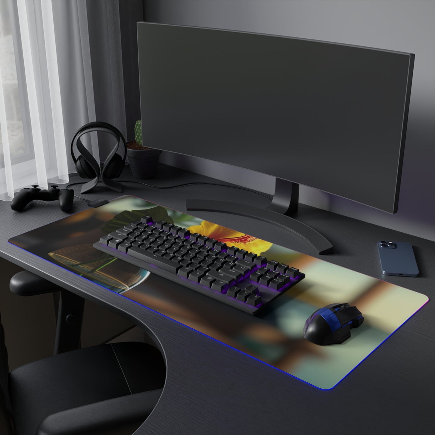 LED Gaming Mouse Pad Yellow Hibiscus Wood 2