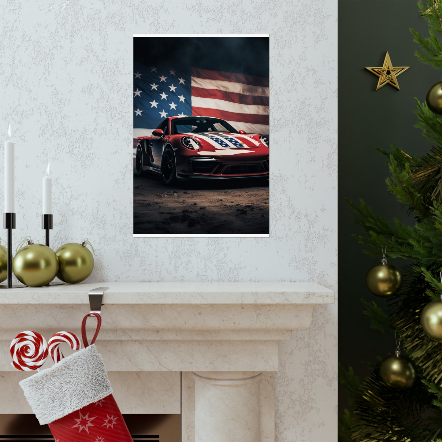 Premium Matte Vertical Posters American Flag Background Porsche 3