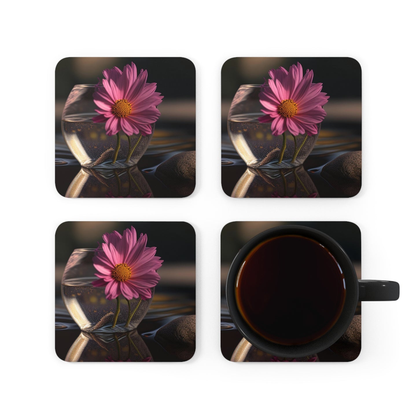 Corkwood Coaster Set Pink Daisy 4