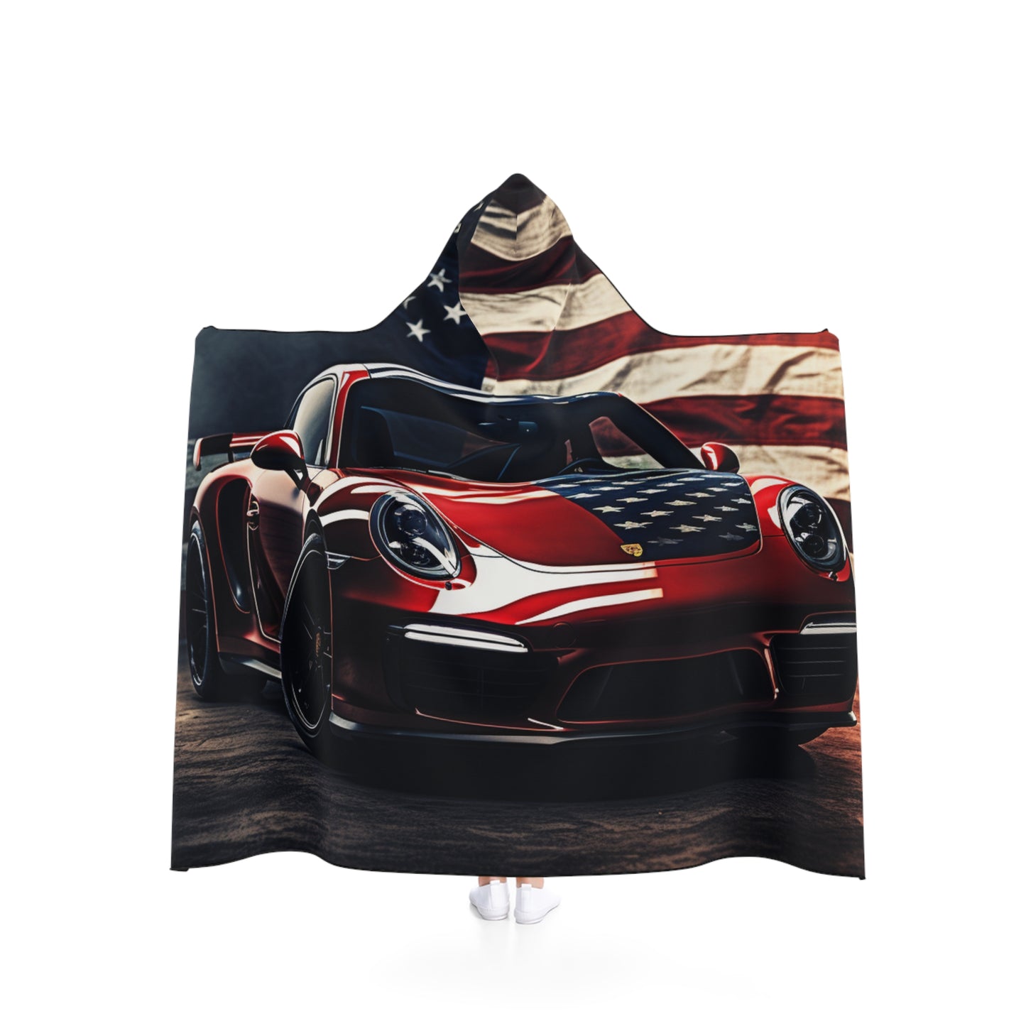 Hooded Blanket American Flag Background Porsche 2