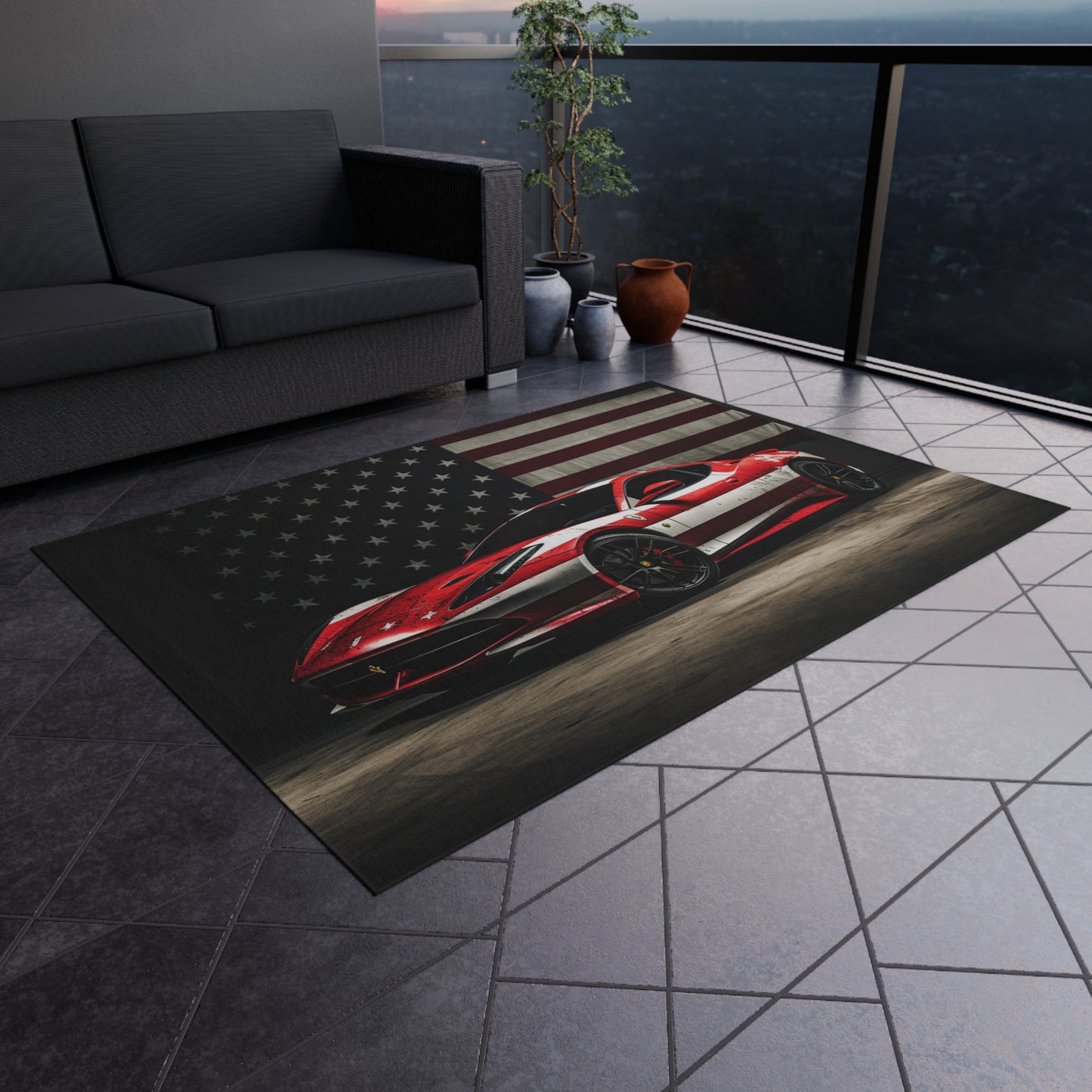 Outdoor Rug  American Flag Background Ferrari 1