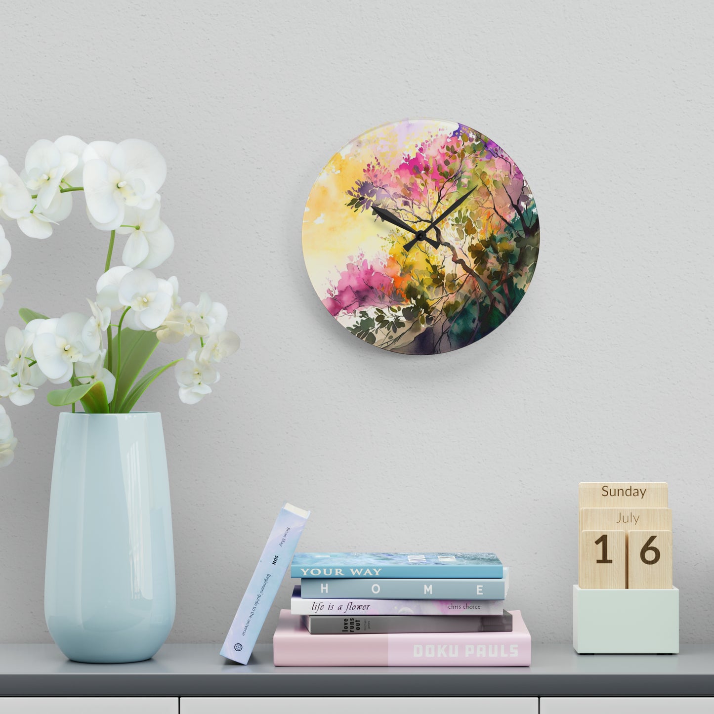 Acrylic Wall Clock Mother Nature Bright Spring Colors Realistic Watercolor 2