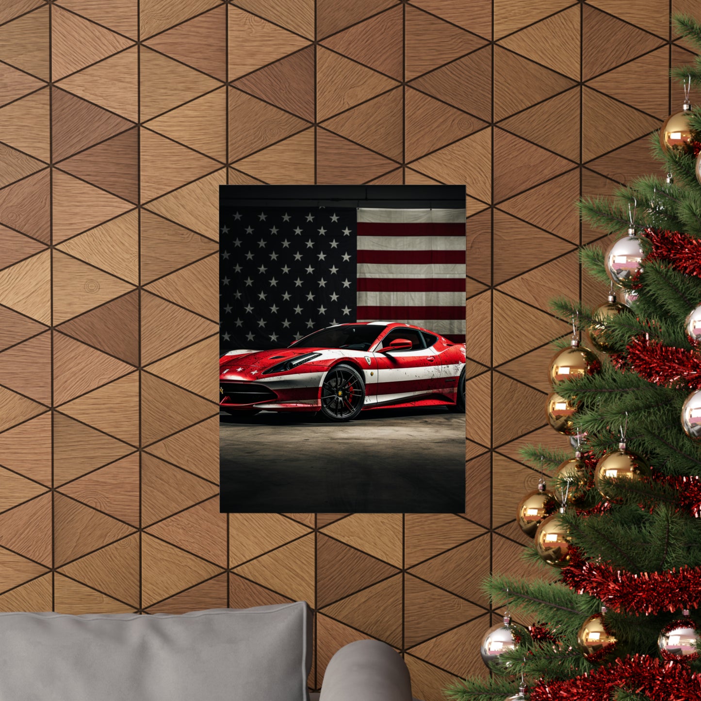 Premium Matte Vertical Posters American Flag Background Ferrari 1