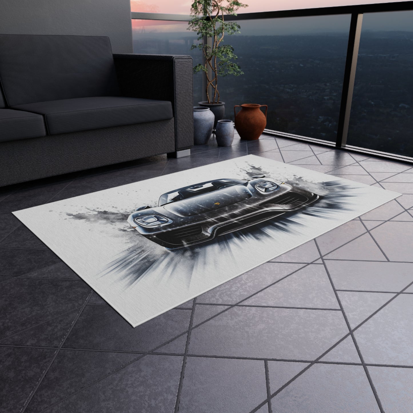 Outdoor Rug  918 Spyder white background driving fast with water splashing 3