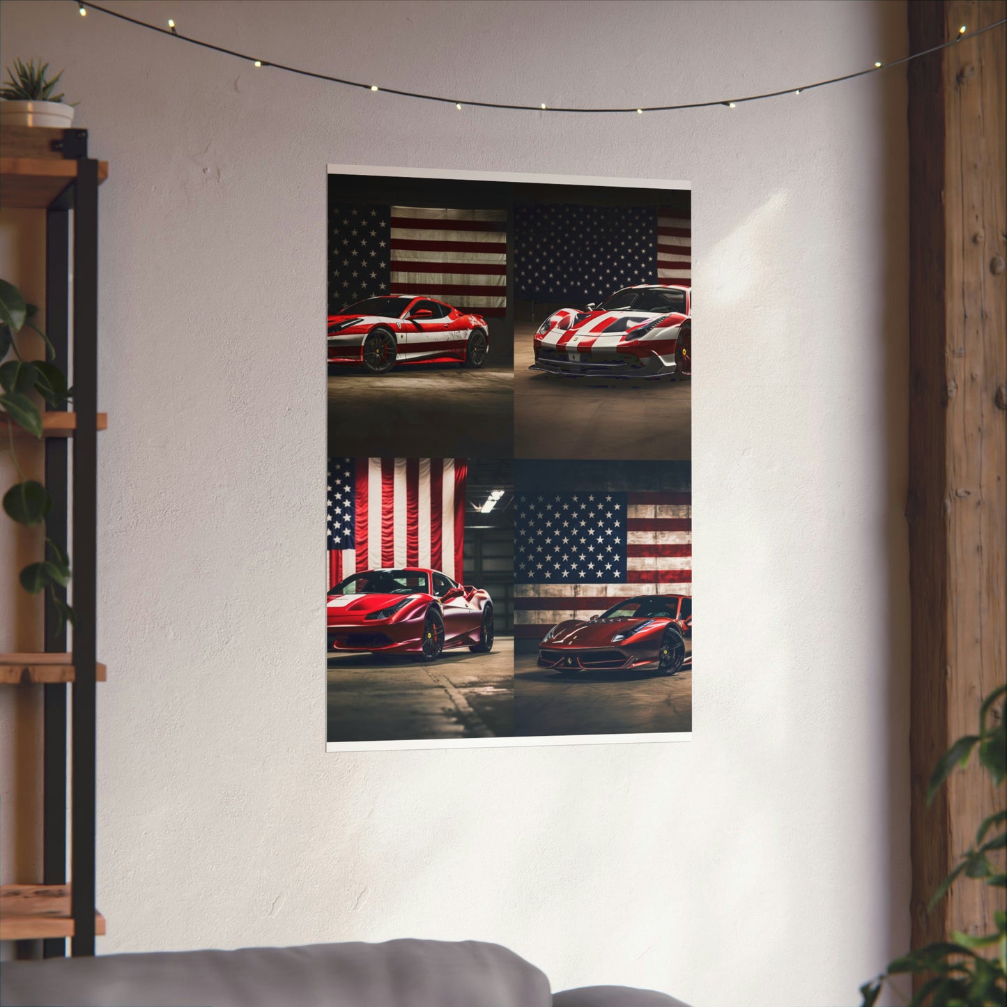 Premium Matte Vertical Posters American Flag Background Ferrari 5