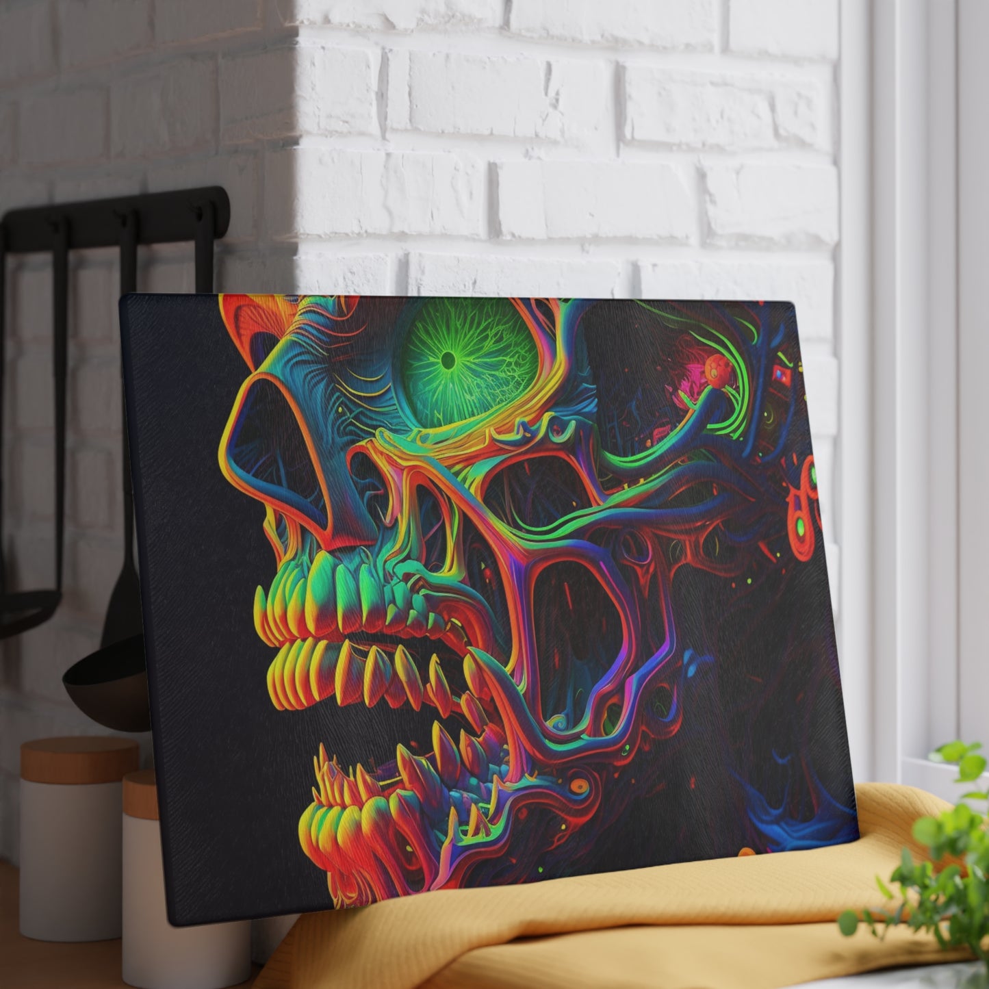 Glass Cutting Board Florescent Skull Death 1