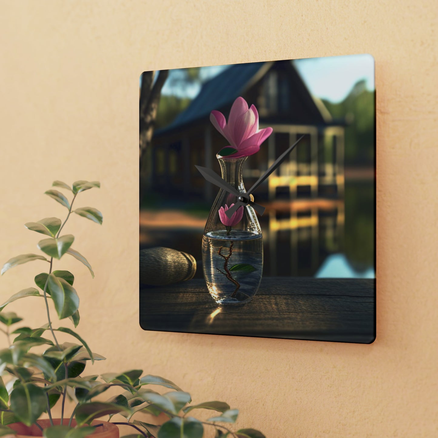 Acrylic Wall Clock Magnolia in a Glass vase 4