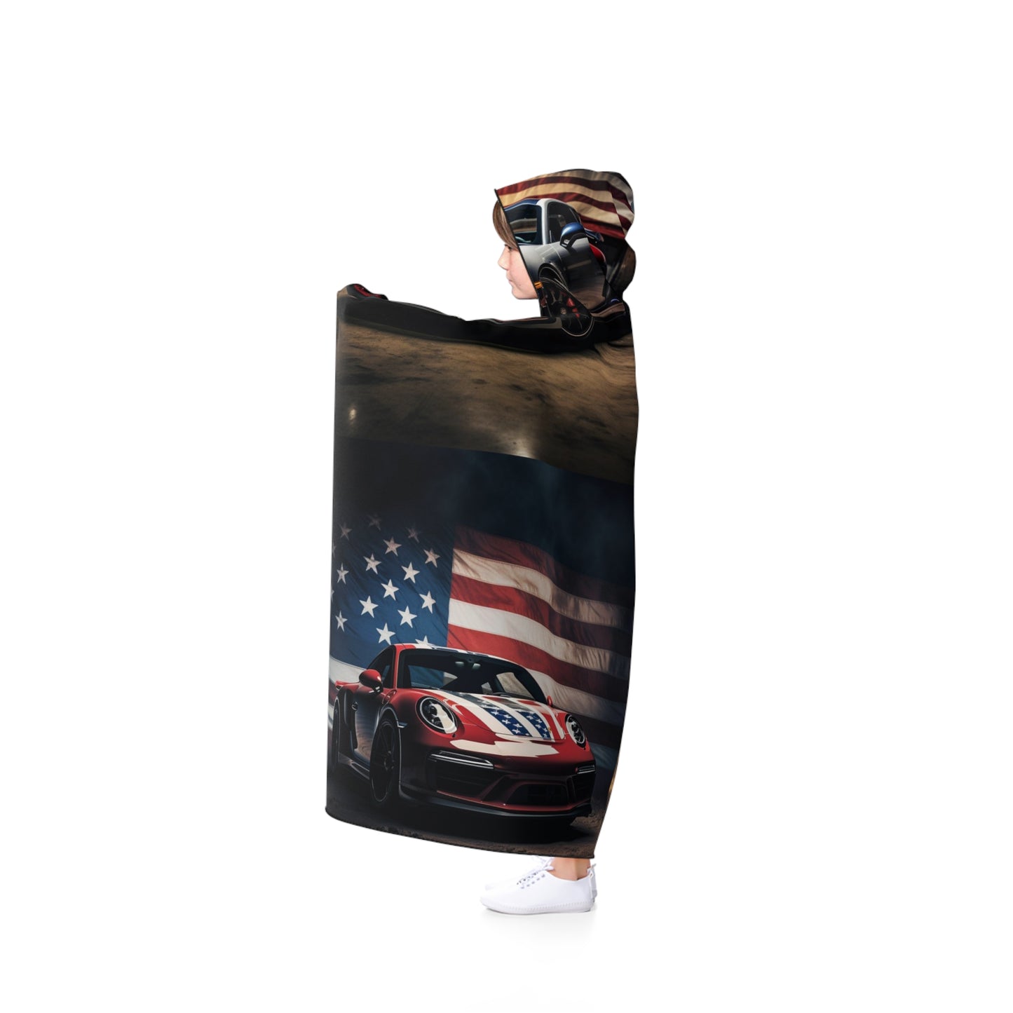 Hooded Blanket American Flag Background Porsche 5