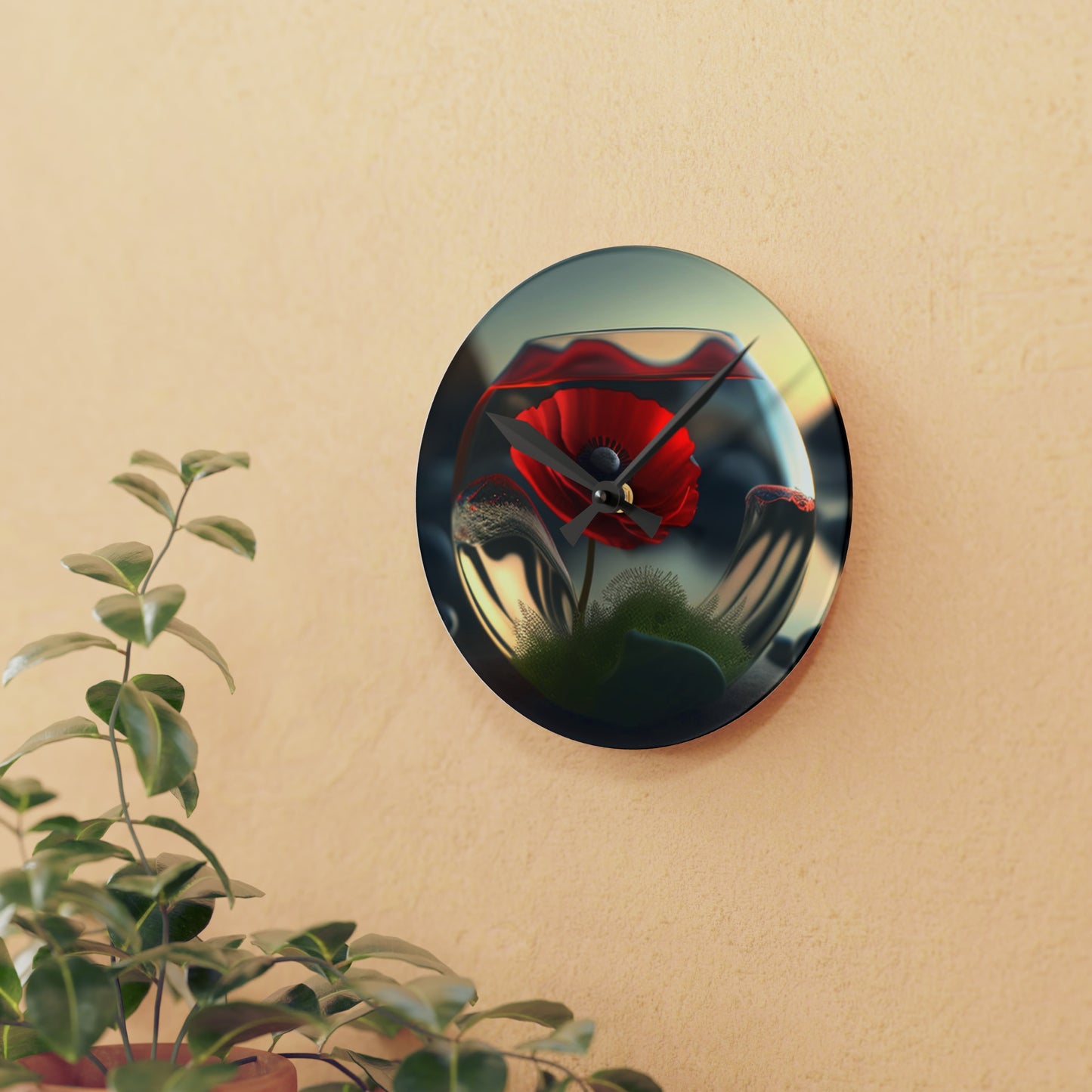 Acrylic Wall Clock Red Anemone in a Vase 3