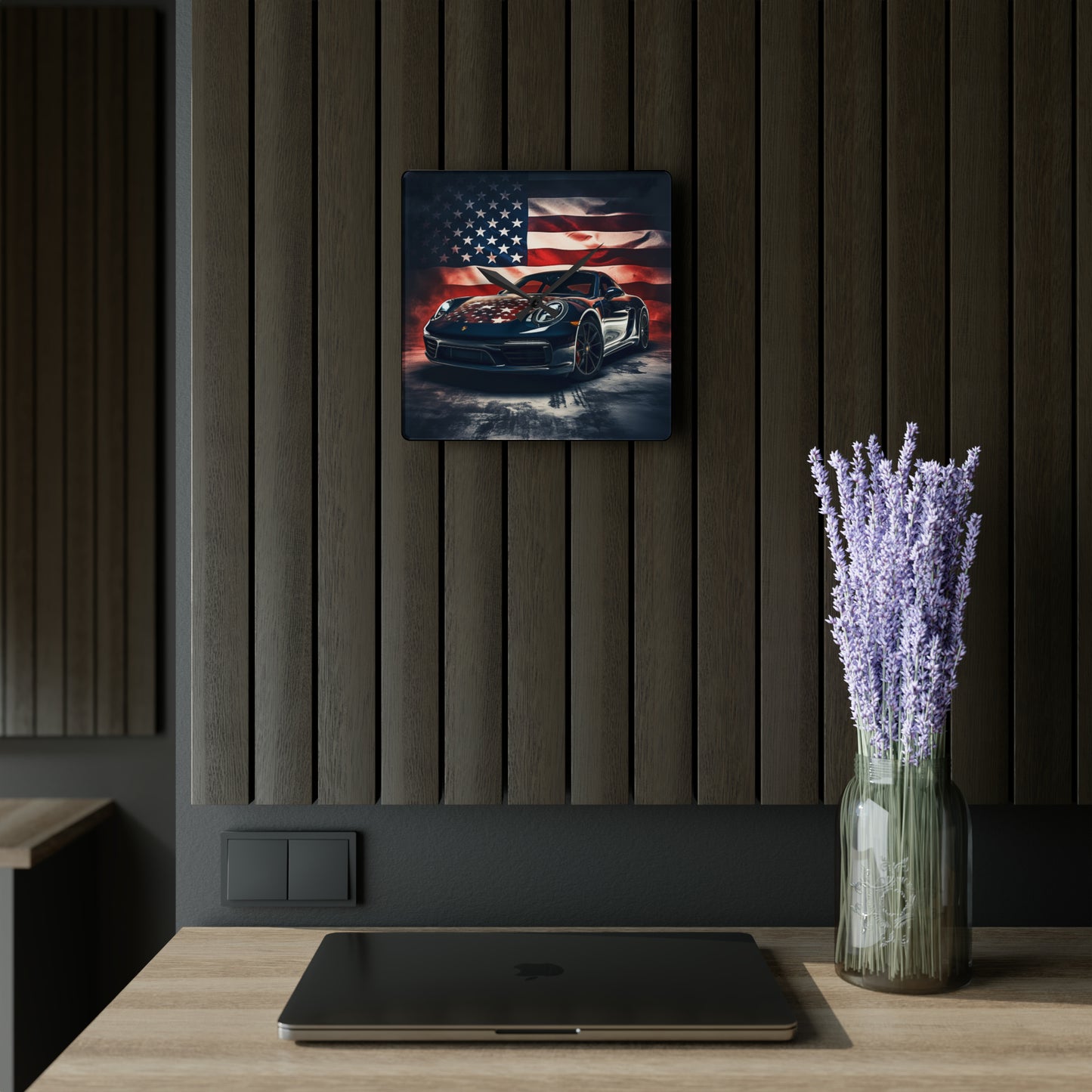 Acrylic Wall Clock Abstract American Flag Background Porsche 2