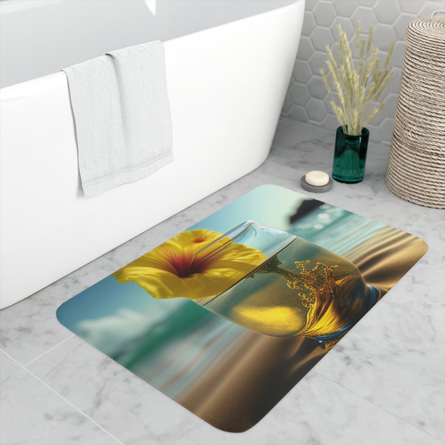 Memory Foam Bath Mat Yellow Hibiscus glass 1