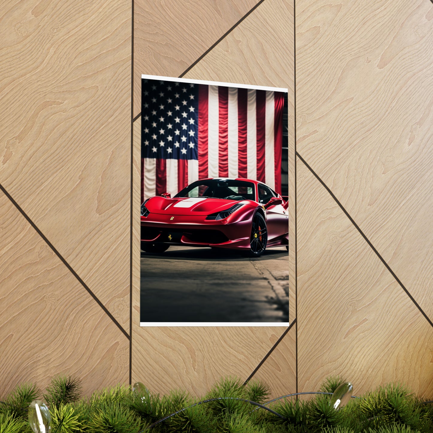 Premium Matte Vertical Posters American Flag Background Ferrari 3