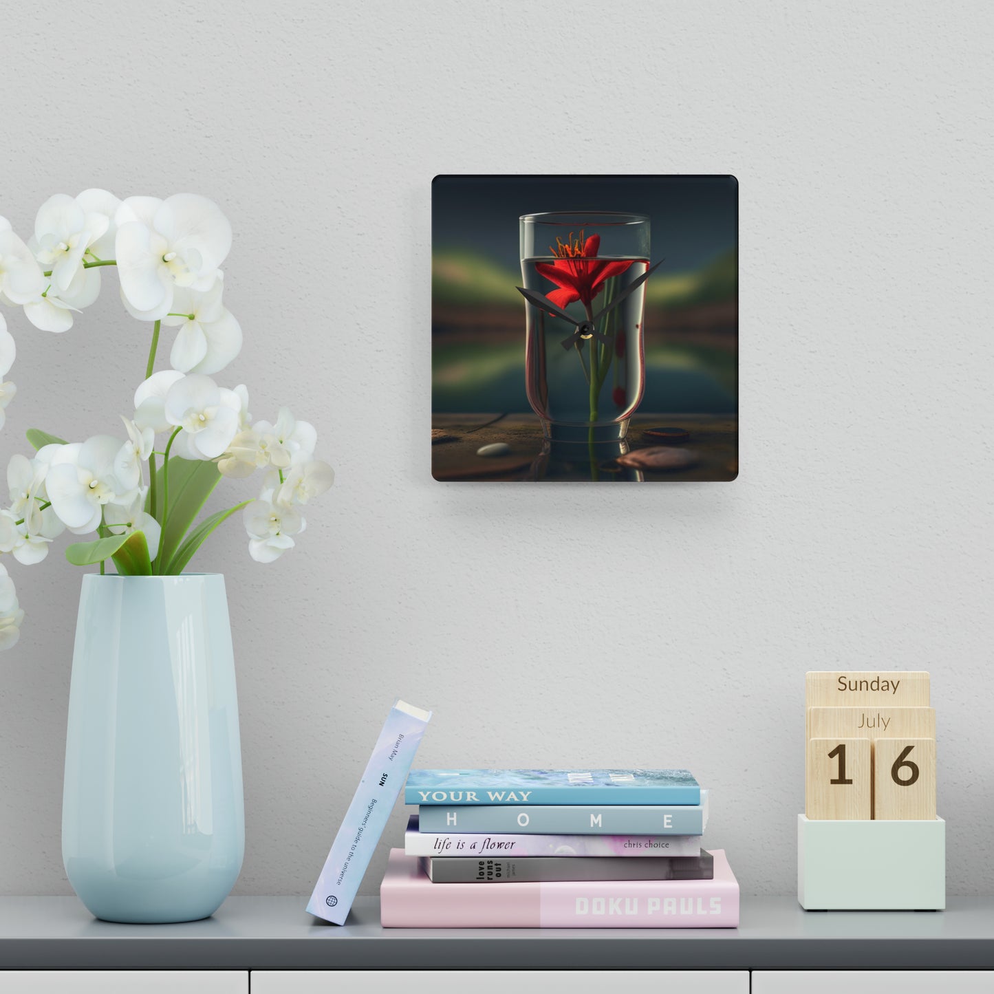 Acrylic Wall Clock Red Lily in a Glass vase 1