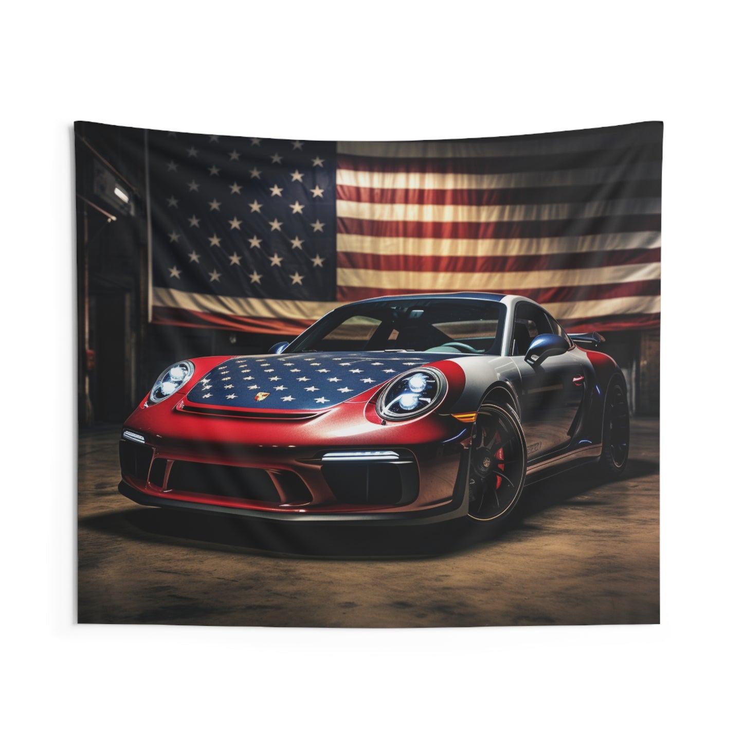 Indoor Wall Tapestries American Flag Background Porsche 1