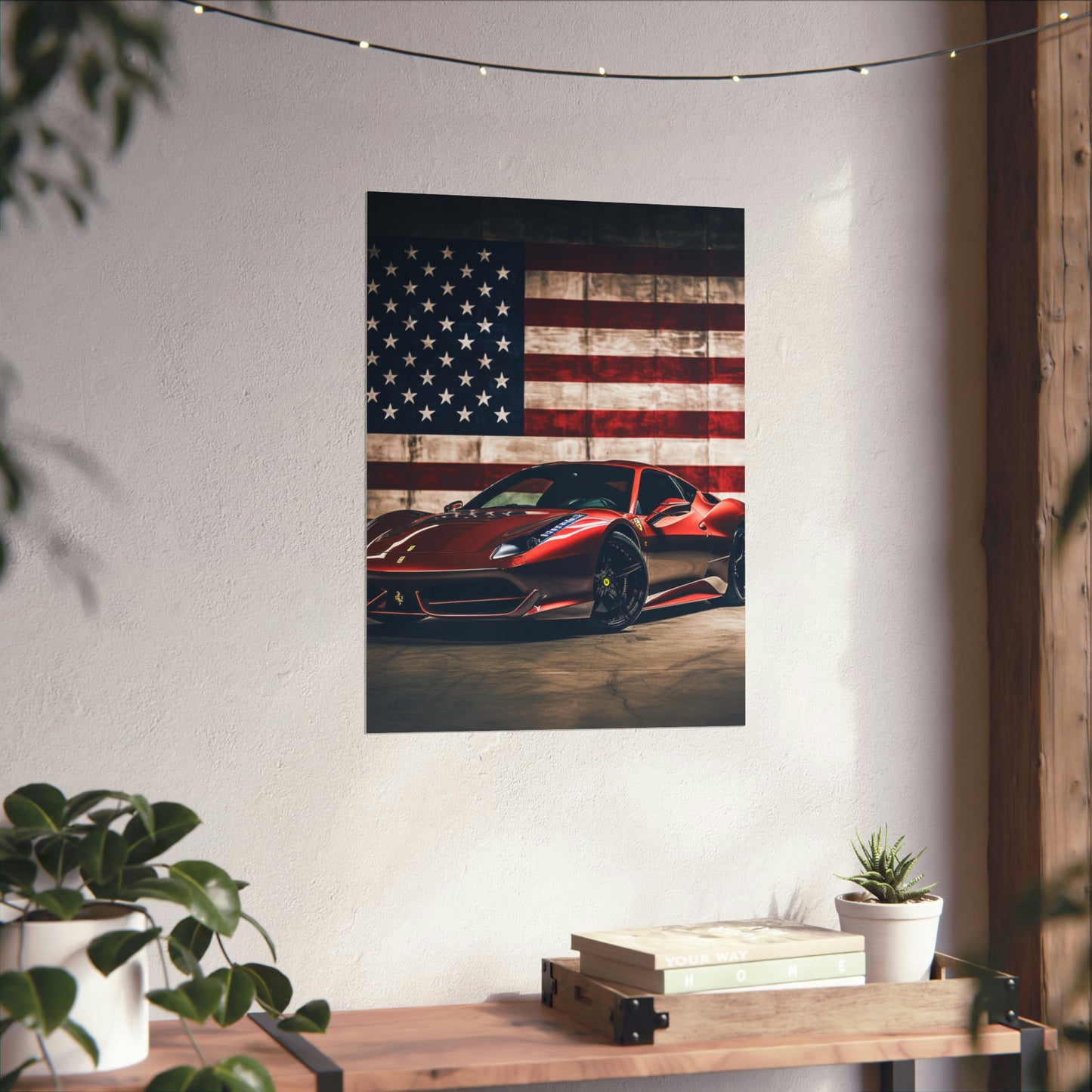 Premium Matte Vertical Posters American Flag Background Ferrari 4