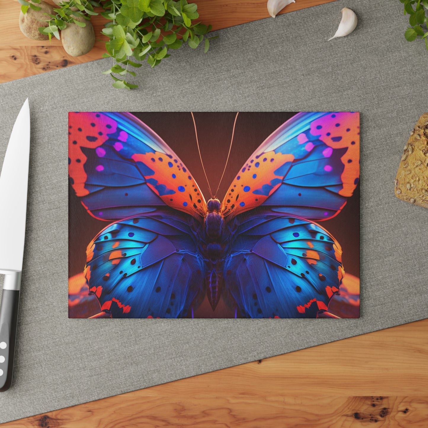 Glass Cutting Board Neon Butterfly Macro 3