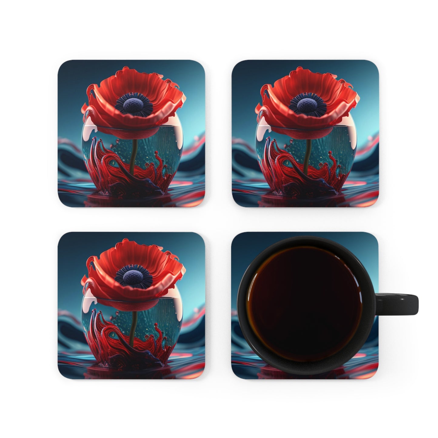 Corkwood Coaster Set Red Anemone in a Vase 2