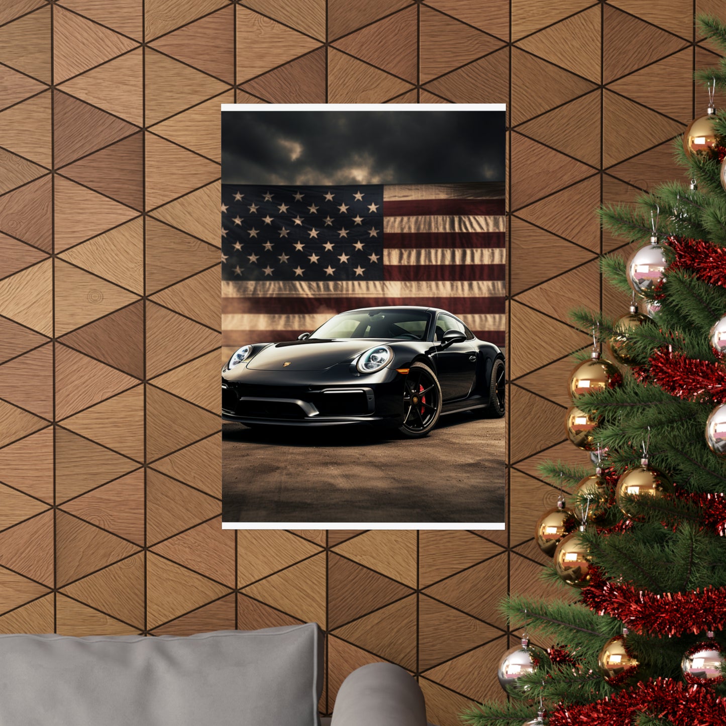 Premium Matte Vertical Posters American Flag Background Porsche 4